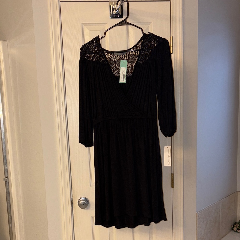 Loveappella Black 3/4 Sleeve Cotton Dress with Lace Detail